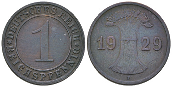 Германия 1 рейхспфенниг 1929 F KM 37, J.313 бронза 4385-628