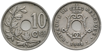 БЕЛЬГИЯ 10 САНТИМОВ 1902 BELGIQUE KM 48 медно-никель 34-1122