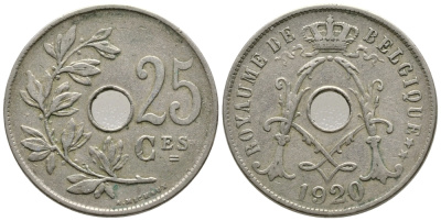 БЕЛЬГИЯ 25 САНТИМОВ 1920 BELGIQUE KM 68.1 медно-никель 177-1042