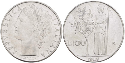 ИТАЛИЯ 100 ЛИР 1969 R, АФИНА, ДИАМЕТР 28 ММ. KM 96.1 нержавеющая сталь 4512-1016