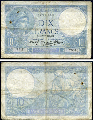 Франция 10 франков 1939 Pick 84 бумага 7219-23-1-2