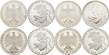 ФРГ набор из 4 монет по 10 марок 1972 XX Олимпийские игры 1972 года в Мюнхене, спортсмен и спортсменка (F, J, D, G), коробка KM 132, J. 403 серебро UNC 3-4-7-25