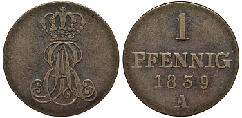 Ганновер 1 пфенниг 1839 A, Эрнст Август (1837-1851) KM 173.1, AKS 126, J. 54 медь 75-1042