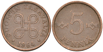 ФИНЛЯНДИЯ 5 ПЕННИ 1964 KM 45 медь 192-1269