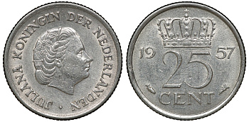 НИДЕРЛАНДЫ 25 ЦЕНТОВ 1957 ЮЛИАНА KM 183 никель 72-1722