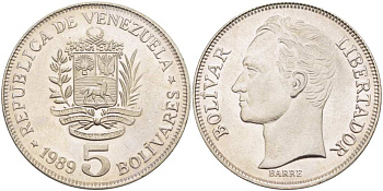ВЕНЕСУЭЛА 5 БОЛИВАРОВ 1989 ПОРТРЕТ СИМОНА БОЛИВАРА KM 59a.2 сталь плакированная никелем UNC 4517-214