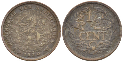 НИДЕРЛАНДЫ 1/2 ЦЕНТА 1930 ВИЛЬГЕЛЬМИНА (1890-1948) KM 138 бронза 4525-1252