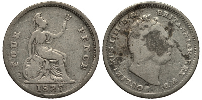Великобритания 4 пенса (гроут) 1837 Вильгельм IV (1830-1837) КМ 723, Spink 3837 серебро 1515-2145