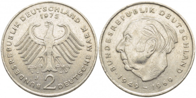 ФРГ 2 МАРКИ 1975 J, ТЕОДОР ХОЙС KM 127, J. 407 медно-никель плакированный никелем 3856-333