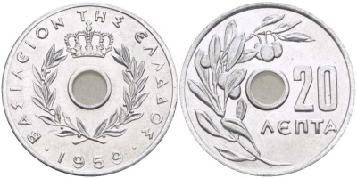 Греция 20 лепта 1959 Павел I (1947-1964), оливковая ветвь KM 79 алюминий UNC 28-526