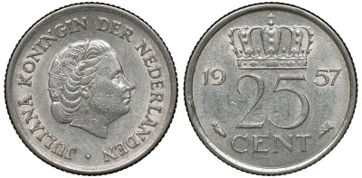 Нидерланды 25 центов 1957 Юлиана (1949-1980) KM 183 никель 72-1722