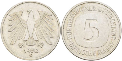 ФРГ 5 МАРОК 1978 G KM 140.1, J. 415 медно-никель плакированный никелем 115-615