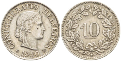 Швейцария 10 раппенов 1940 B KM 27 медно-никель 216-1232