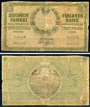 Россия для Финляндии 5 марок золотом 1909 (1918) серия II, без водяного знака Pick 30 (4)  бумага   437-65-3-2