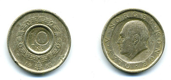 Норвегия 10 крон 1985 Улаф V (1957-1991) KM 427 медь цинк никель 25-2322