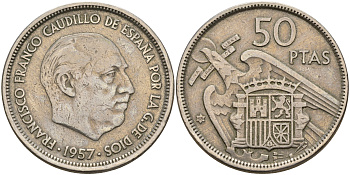 Испания 50 песет 1957 (58) Франсиско Франко (1939-1975) KM 788 медно-никель    4149-346