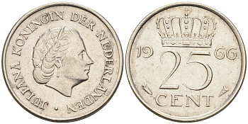 Нидерланды 25 центов 1966 Юлиана (1949-1980) KM 183 никель 4174-652