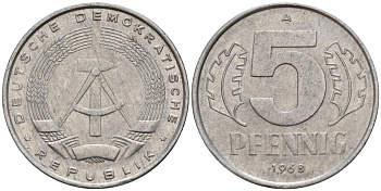 ГДР 5 пфеннигов 1968 A KM 9.1 алюминий 211-563