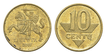 Литва 10 центов 2007 KM 106 никель латунь 4649-651