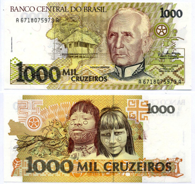 Бразилия 1000 крузейро ND (1990) серия A 6718, Кандиду Рондон Pick 231 a бумага UNC (пресс) 8603-42-1-1