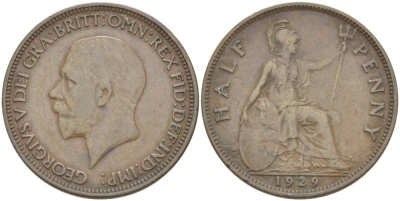 Великобритания 1/2 пенни 1929 Георг V (1910-1936) KM 837, Spink 4058 бронза 4513-632