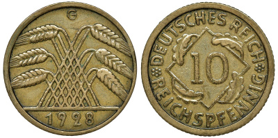 ГЕРМАНИЯ 10 РЕЙХСПФЕННИГОВ 1928 G, САМАЯ РЕДКАЯ БУКВА, ВЕЙМАРСКАЯ РЕСПУБЛИКА, ЦЕНА МТ 200 ЕВРО, Weege 9, J. 317, KM 40 алюминиевая бронза 72-1556