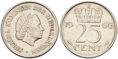 Нидерланды 25 центов 1966 Юлиана (1949-1980) KM 183 никель 4174-652
