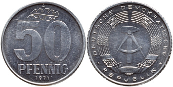 ГДР 50 пфеннигов 1971 A KM 12.2 алюминий UNC 76-1123