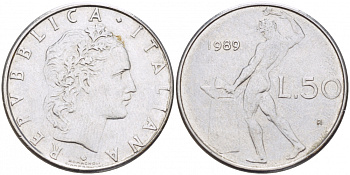 ИТАЛИЯ 50 ЛИР 1989 R, КУЗНЕЦ, ВУЛКАН БОГ ОГНЯ, ДИАМЕТР 25 ММ. KM 95.1 нержавеющая сталь 93-1132