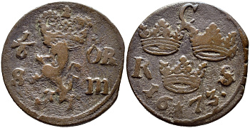 Швеция 1/6 эре 1673 Карл XI (1660-1697), СО ЗВЕЗДОЙ KM 254 медь 1523-342