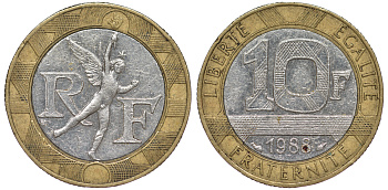 Франция 10 франков 1988 тип Гений Бастилии KM 964.1, Le Frank 375.2 биметалл 45-532