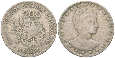 Бразилия 200 реалов 1901 MCMI, голова свободы вправо KM 504 медно-никель 4612-234