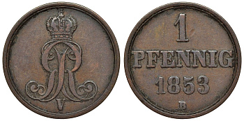 Ганновер 1 пфенниг 1853 B, Георг V KM 221, AKS 155, J. 83 медь 4594-518