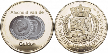 НИДЕРЛАНДЫ МЕДАЛЬ ND ПРОЩАНИЕ С ГУЛЬДЕНОМ, ЦВЕТНАЯ ЭМАЛЬ, ПОРТРЕТЫ КОРОЛЕВ медно-никель PROOF 1078-4-24