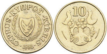 КИПР 10 ЦЕНТОВ 1991 ВАЗА С ПТИЧКАМИ, ПЕРВЫЙ ГОД KM 56.3 никель латунь 4563-744
