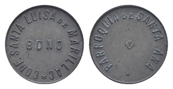 Испания, Севилья благотворительный жетон Parroquia de Santa Ana - Conf. Santa Luisa de Marillac конец XIX - начало XX века диаметр 23 мм, вес 2,82 гр цинк 1066-10-22