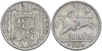Испания 10 сентимо 1945 Франсиско Франко (1939 - 1975) KM 766 алюминий 4155-234