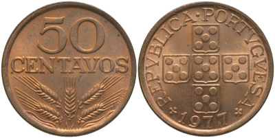 ПОРТУГАЛИЯ 50 СЕНТАВО 1977 KM 596 бронза UNC 181-347
