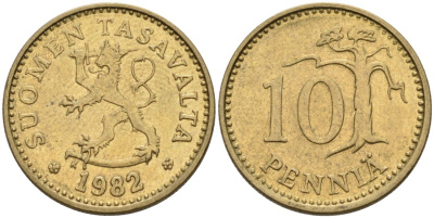 ФИНЛЯНДИЯ 10 ПЕННИ 1982 K KM 46 алюминиевая бронза 192-1047