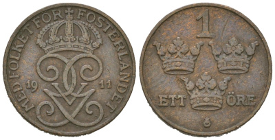 Швеция 1 эре 1911 Густав V (1907-1950) KM 777.2 бронза 4611-339