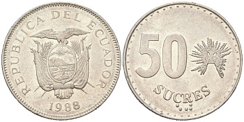 Эквадор 50 сукре 1988 KM 93 сталь плакированная никелем 4364-1022