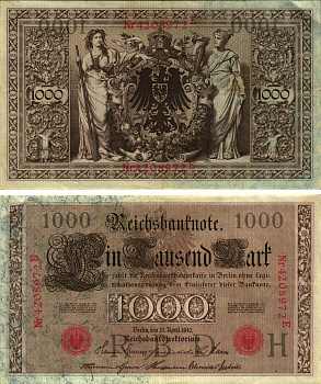 ГЕРМАНИЯ 1000 МАРОК 1910 21 АПРЕЛЯ 1910, СЕМИЗНАЧНЫЙ НОМЕР, СЕРИЯ E Pick 44b бумага 8610-29-1