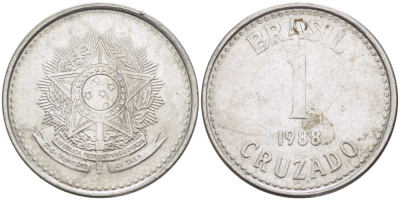 Бразилия 1 крузадо 1988 KM 605 нержавеющая сталь 217-255