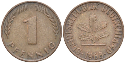 ФРГ 1 пфенниг 1968 G KM 105, J.380 сталь плакированная медью 4174-615