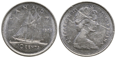 Канада 10 центов 1976 Елизавета II (1952-2022), парусник KM 77.1 никель никель 3999-1159
