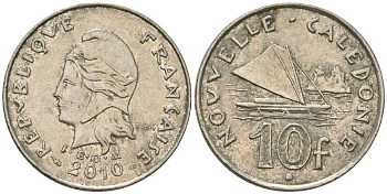 Французская Новая Каледония 10 франков 2010 рыбачья парусная лодка, (IEOM) KM 11a, Schoen 13a, Lec 99k медно-никель 63-417