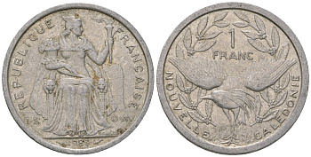 Французская Новая Каледония 1 франк 1983 птица кагу, (IEOM) KM 10, Schoen 10, Lec 46 алюминий    51-2542