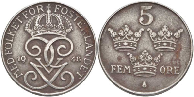 Швеция 5 эре 1948 Густав V (1907-1950) KM 812 железо 115-925