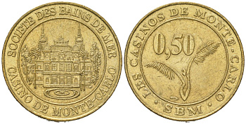 Казино Монте-Карло в Монако 50 сантимов (0,5 франка) ND (2001-2002) вес 7,2 гр, диаметр 24 мм TC 541205 латунь 92-132