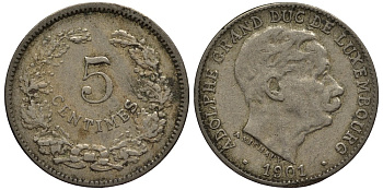 Люксембург 5 сантимов 1901 герцог Адольф (1890-1905) KM 24 медно-никель 4528-269